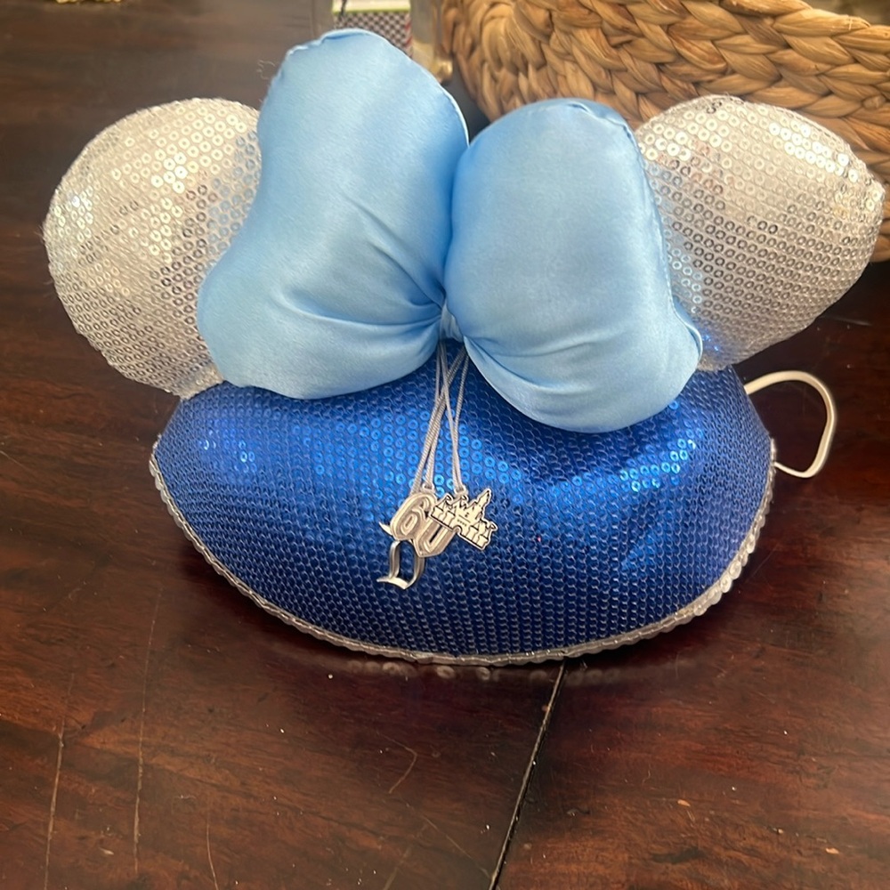 Disney Mickey Minnie Mouse Ears Puffy Blue Sequins Ear Hat 60th Anniversary